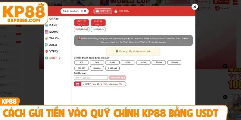 Cách gửi tiền vào quỹ chính KP88 bằng USDT