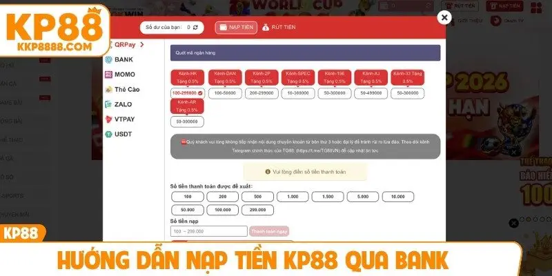 Hướng dẫn nạp tiền KP88 qua BANK